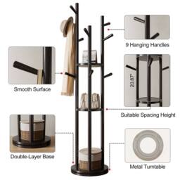 YQJJGL Freestanding Solid Wood Coat Rack with 3 Storage Shelves & Hooks Clothes Rack Garment Rack in Black - thumbnail 6