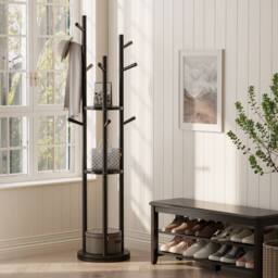 YQJJGL Freestanding Solid Wood Coat Rack with 3 Storage Shelves & Hooks Clothes Rack Garment Rack in Black