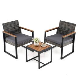 Costway 3PCS PE Wicker Patio Conversation Set Bistro Set w/Cushion &Side Table in Grey - thumbnail 3