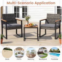 Costway 3PCS PE Wicker Patio Conversation Set Bistro Set w/Cushion &Side Table in Grey - thumbnail 5