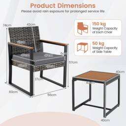 Costway 3PCS PE Wicker Patio Conversation Set Bistro Set w/Cushion &Side Table in Grey - thumbnail 2