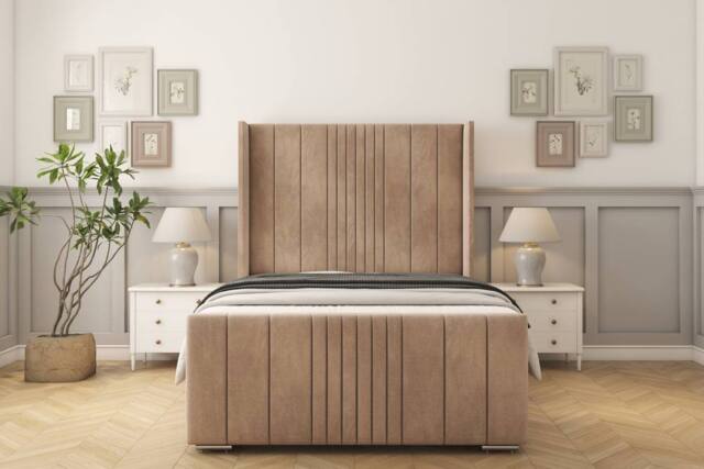 "Sloomy Hargrave Naples Bed Frame With 50"" Upholstered Wingback Headboard in Light Brown - Size: Small Single" - image 1