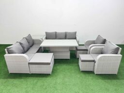 Fimous PE Rattan High Back Lounge Sofa Set Patio Adjustable Lifting Dining or Coffee Table & Chairs Set w/ 3 Seater Sofa Reclining Chair 3 Stools - thumbnail 1