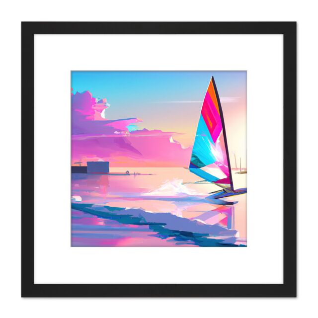 Artery8 Pink Skies Seascape Windsurfer Windsurfing Bright Vibrant Watercolour Sport Square Wooden Framed Wall Art Print Picture 8X8 Inch in Black - image 1