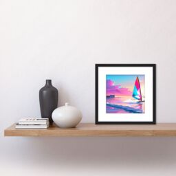 Artery8 Pink Skies Seascape Windsurfer Windsurfing Bright Vibrant Watercolour Sport Square Wooden Framed Wall Art Print Picture 8X8 Inch in Black - thumbnail 2