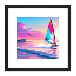 Artery8 Pink Skies Seascape Windsurfer Windsurfing Bright Vibrant Watercolour Sport Square Wooden Framed Wall Art Print Picture 8X8 Inch in Black - thumbnail 1