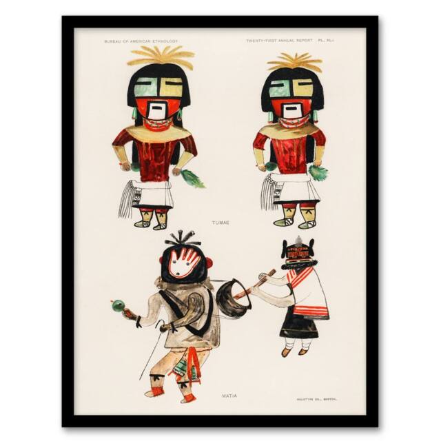 Artery8 Hopi Native People Drawings Framed Wall Art Print Hopi Kachinas in White - Size: A4 - image 1