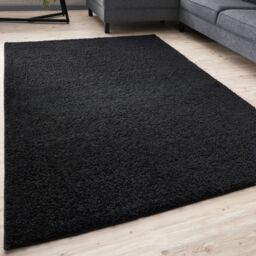 THE RUGS Black Plain Soft High Pile Shaggy Rugs & Runners Living Room Bedroom - Size: 120 cm x 120 cm