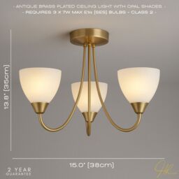 Happy Homewares Designer Three Arm Ceiling Light Fixture with Opal White Glass Shades in Metallic Gold - thumbnail 6