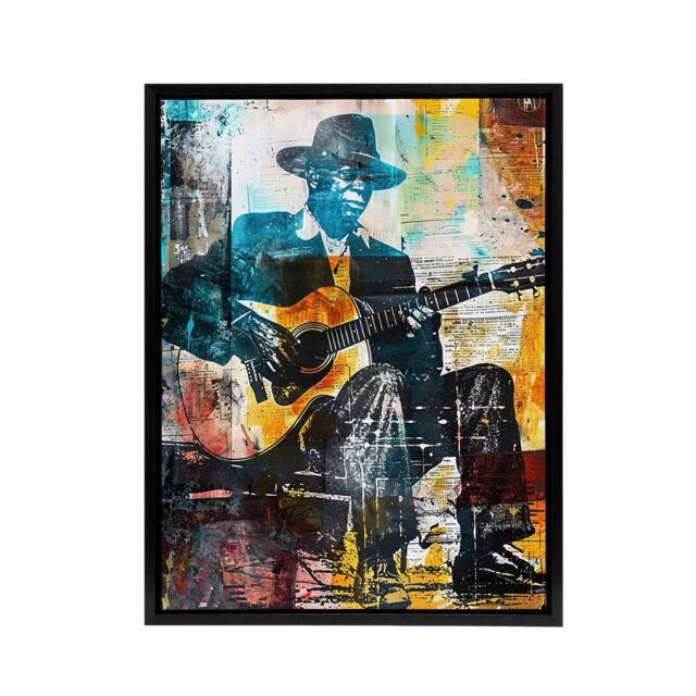 "Artery8 Blues Music Guitar Player Upcycle Framed Canvas Wall Art Print - Size: W12"" x H16""" - image 1