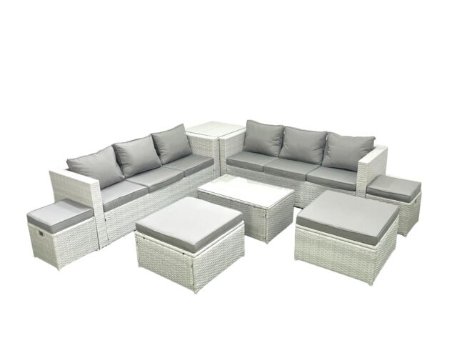 Fimous 8 Pieces Rattan Garden Furniture Set Outdoor Garden Sofa Coffee Table Set with Side Table 4 Footstools Light Grey Mixed - image 1