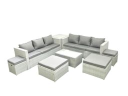 Fimous 8 Pieces Rattan Garden Furniture Set Outdoor Garden Sofa Coffee Table Set with Side Table 4 Footstools Light Grey Mixed - thumbnail 1
