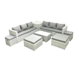 Fimous 8 Pieces Rattan Garden Furniture Set Outdoor Garden Sofa Coffee Table Set with Side Table 4 Footstools Light Grey Mixed - thumbnail 2