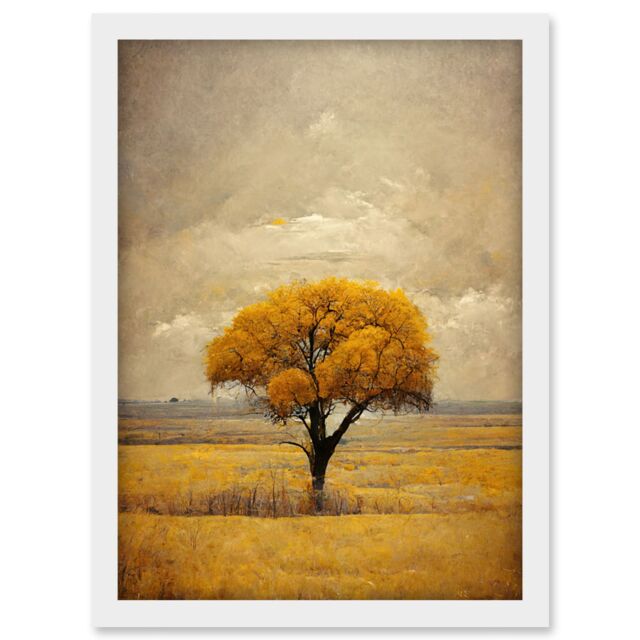 Artery8 Lone Tree Autumn Landscape Gold Yellow Mustard Artwork Framed Wall Art Print A4 in White - image 1
