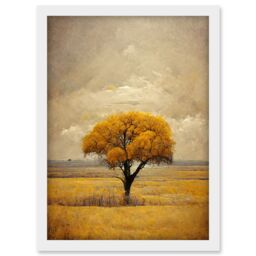 Artery8 Lone Tree Autumn Landscape Gold Yellow Mustard Artwork Framed Wall Art Print A4 in White - thumbnail 1