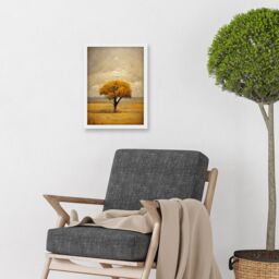 Artery8 Lone Tree Autumn Landscape Gold Yellow Mustard Artwork Framed Wall Art Print A4 in White - thumbnail 2
