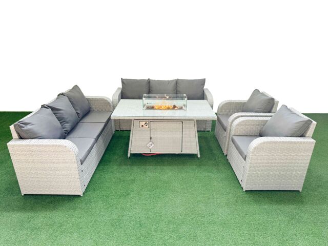Fimous PE Rattan High Back Lounge Sofa Set Patio Firepit Dining Table & Chairs Set with 3 Seater Sofa Reclining Chair Light Grey - image 1