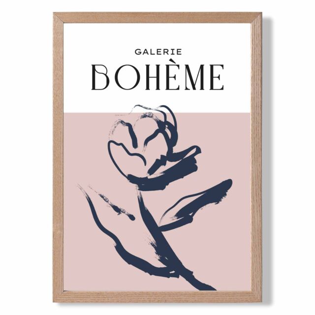 ARTZE Blush & Navy Blue Rose Boho Sketch Floral Framed Print SIZE: A3 with Oak Frame - Size: A4 - image 1