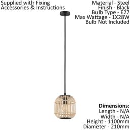 Loops Hanging Ceiling Pendant Light Black & Wicker Cage 1x 28W E27 Feature Lamp - thumbnail 2