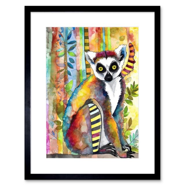 "Artery8 Wall Art Print Lemur Vibrant Portrait Folk Art Watercolour Painting Artwork Framed 9X7 Inch in Black - Size: W7"" x H9""" - image 1