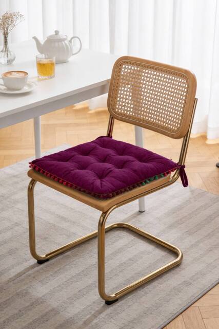 Pom Pom Trim Quilted Soft Dining Chair Cushion in Magenta - image 1