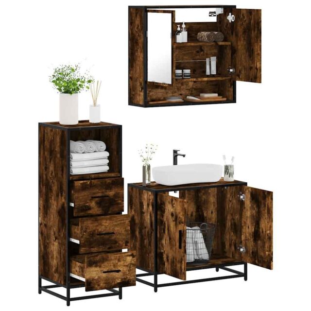 Berkfield Home 3 Piece Bathroom Furniture Set Smoked Oak Engineered Wood in Brown - image 1