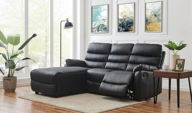 Home Detail Carter 3 Seater Sofa With Left-Hand Chaise & Right-Hand Recliner, Black Faux Leather - image 1