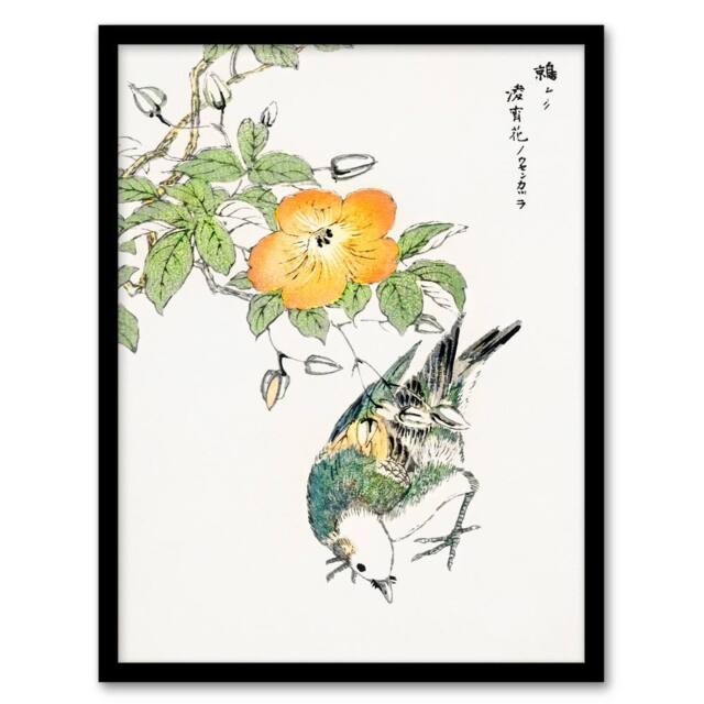 Artery8 Kashu Framed Wall Art Grey Starling & Cercidiphyllum Japonicum - Size: A4 - image 1