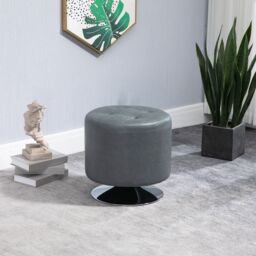 HOMCOM Foot Stool Round PU Ottoman with Thick Padding & Solid Steel Base in Grey - thumbnail 1