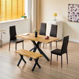KOSY KOALA Wooden Dining Table with 4 Black Leather Chairs & Bench - Dining Kitchen Room Furniture in Brown