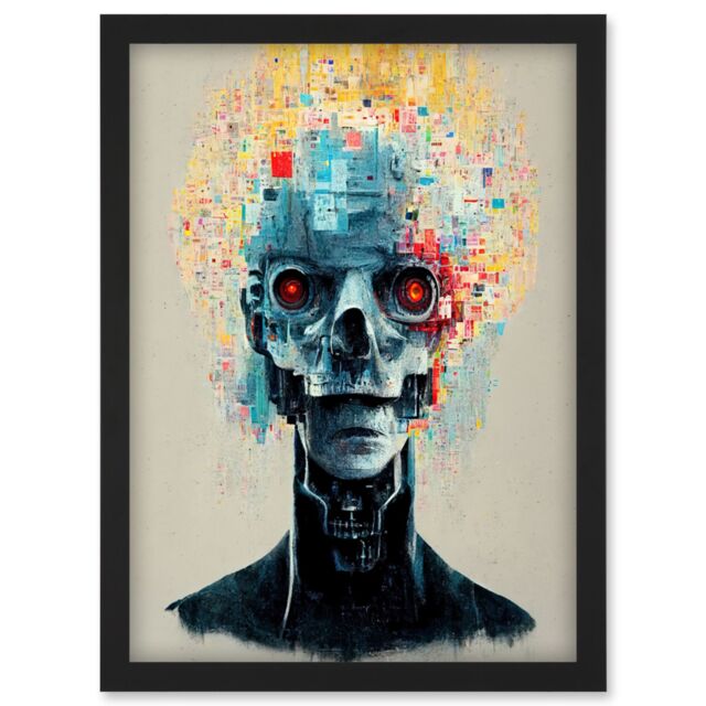 Artery8 Android Cyborg AI Skull With Infrared Eyes Artwork Framed Wall Art Print A4 in Black - image 1