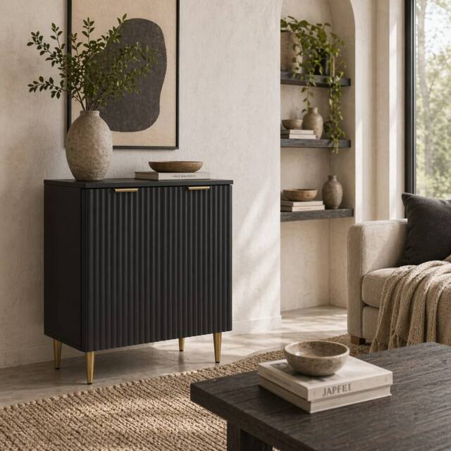 Wyld Haus Sutto Black Etched Sideboard 2 Ribbed Doors Gold Accents - image 1