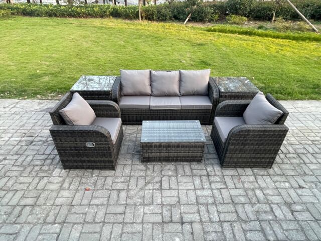 Fimous Outdoor Rattan Garden Furniture Set Patio Lounge Sofa Set with Reclining Chair Rectangular Coffee Table 2 Side Tables in Dark Grey - image 1