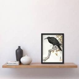 Artery8 Ohara Koson Framed Wall Art Print A Crow & The Full Moon in Grey - Size: A4 - thumbnail 2