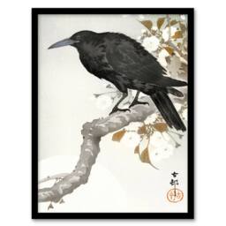 Artery8 Ohara Koson Framed Wall Art Print A Crow & The Full Moon in Grey - Size: A4 - thumbnail 1