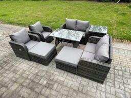 Fimous 8 Seater Wicker PE Rattan Garden Dining Set Outdoor Furniture Sofa with Rectangular Dining Table Side Table 2 Big Footstool in Dark Grey - thumbnail 1