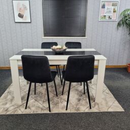 KOSY KOALA Dining Table & 4 Chairs Set White Black Table With 4 Black Velvet Chairs Dining Room Furniture - Size: 140 cm x 80 cm - thumbnail 1