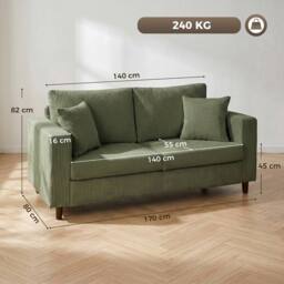 HOMCOM Loveseat Sofa with Wide Seat, Corduroy Upholstered, Green - Size: 2 Seater - thumbnail 3