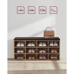 The Bazaarist 12 Compartment Shoe Storage Bench Adjustable Shelves Padded Seat in Brown - thumbnail 6