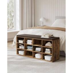 The Bazaarist 12 Compartment Shoe Storage Bench Adjustable Shelves Padded Seat in Brown - thumbnail 2