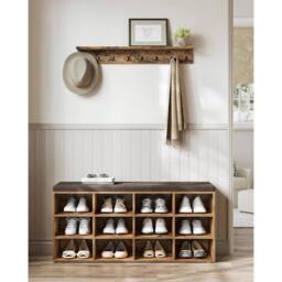 The Bazaarist 12 Compartment Shoe Storage Bench Adjustable Shelves Padded Seat in Brown - thumbnail 1
