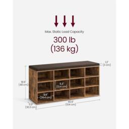The Bazaarist 12 Compartment Shoe Storage Bench Adjustable Shelves Padded Seat in Brown - thumbnail 3