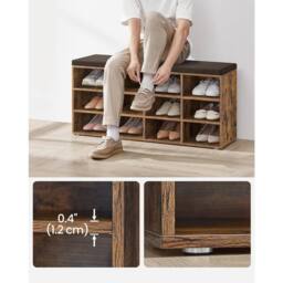 The Bazaarist 12 Compartment Shoe Storage Bench Adjustable Shelves Padded Seat in Brown - thumbnail 5