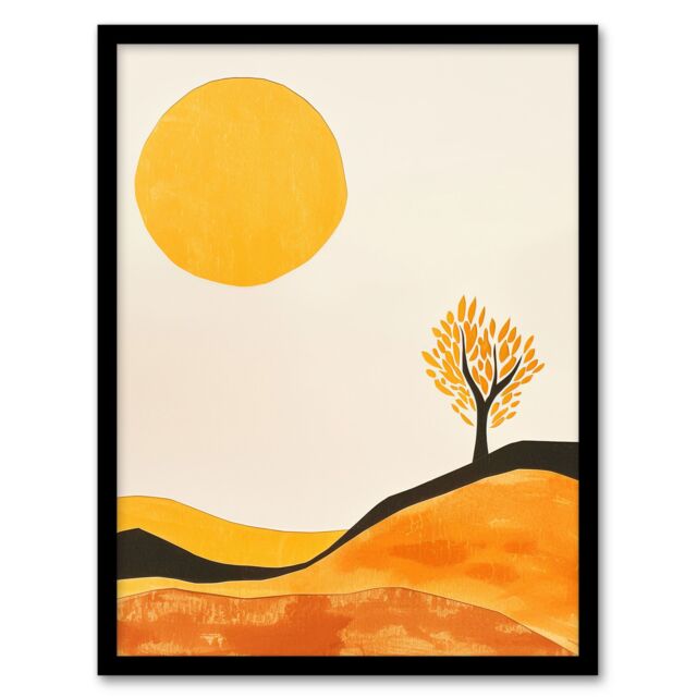 "Artery8 Lone Tree Orange Vibrant Abstract Boho Landscape Framed Wall Art in Mustard - Size: W12"" x H16""" - image 1