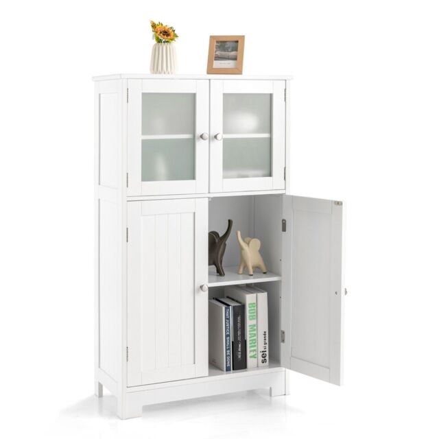 Costway Bathroom Floor Cabinet Freestanding Storage Cupboard W/ 2 Tempered Glass Doors in White - image 1