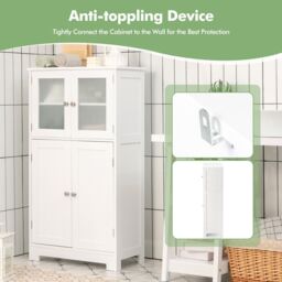 Costway Bathroom Floor Cabinet Freestanding Storage Cupboard W/ 2 Tempered Glass Doors in White - thumbnail 3