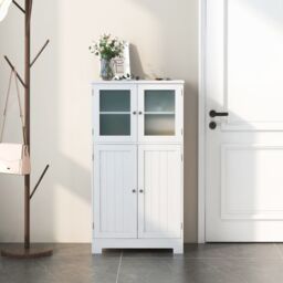 Costway Bathroom Floor Cabinet Freestanding Storage Cupboard W/ 2 Tempered Glass Doors in White - thumbnail 6