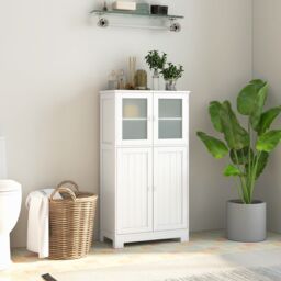 Costway Bathroom Floor Cabinet Freestanding Storage Cupboard W/ 2 Tempered Glass Doors in White - thumbnail 4