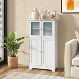 Costway Bathroom Floor Cabinet Freestanding Storage Cupboard W/ 2 Tempered Glass Doors in White - thumbnail 5
