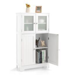 Costway Bathroom Floor Cabinet Freestanding Storage Cupboard W/ 2 Tempered Glass Doors in White